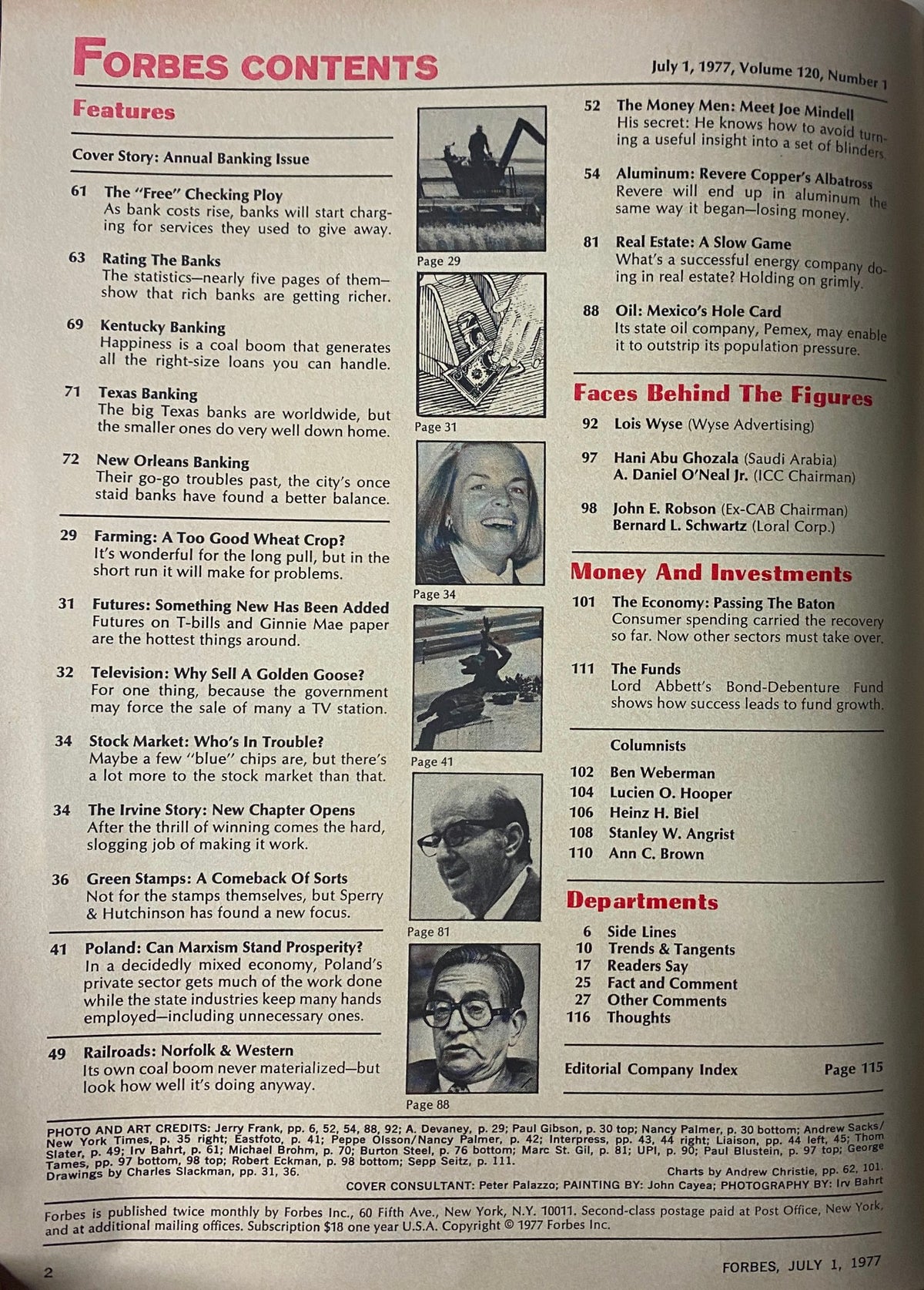 Contents page of Forbes Magazine, July 1, 1977, with details on banking features and articles including 'The Free Checking Ploy' and 'Rating the Banks'.