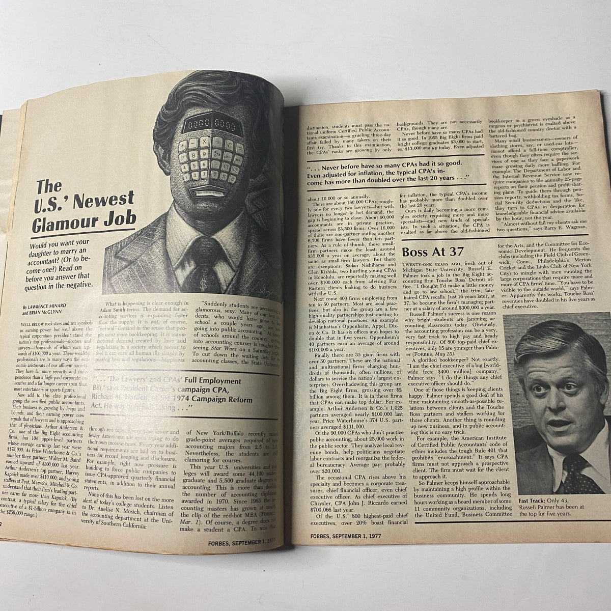 Inside spread of Forbes Magazine September 1, 1977 featuring the article 'The U.S.'s Newest Glamour Job' discussing the rise of accountants in the business world.