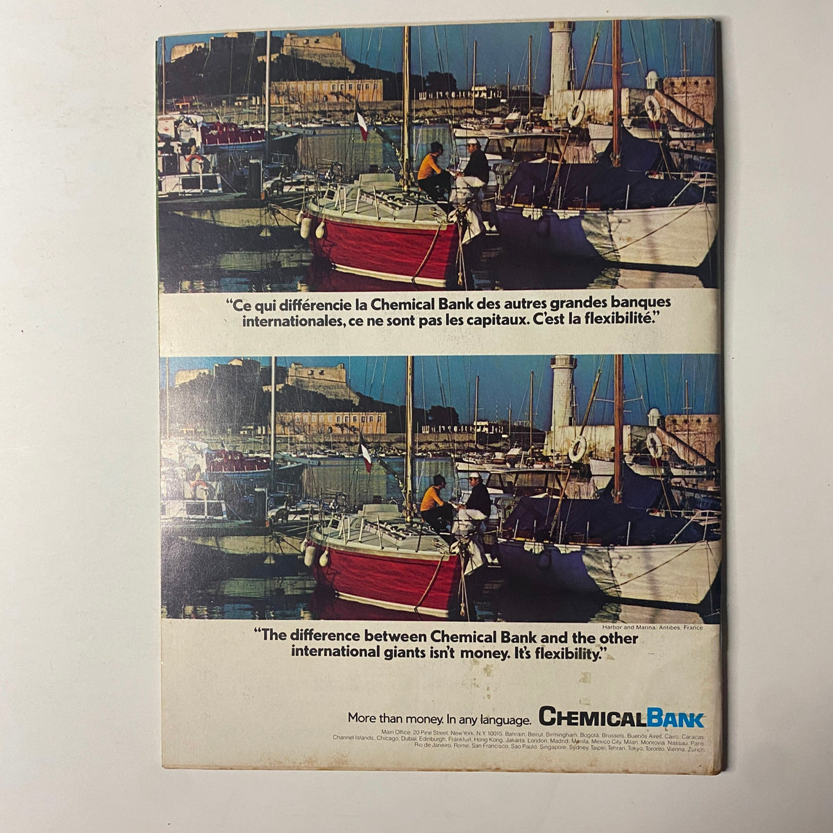 Back cover of Forbes Magazine September 1, 1977 showcasing an advertisement for Chemical Bank with images of a marina and boats.