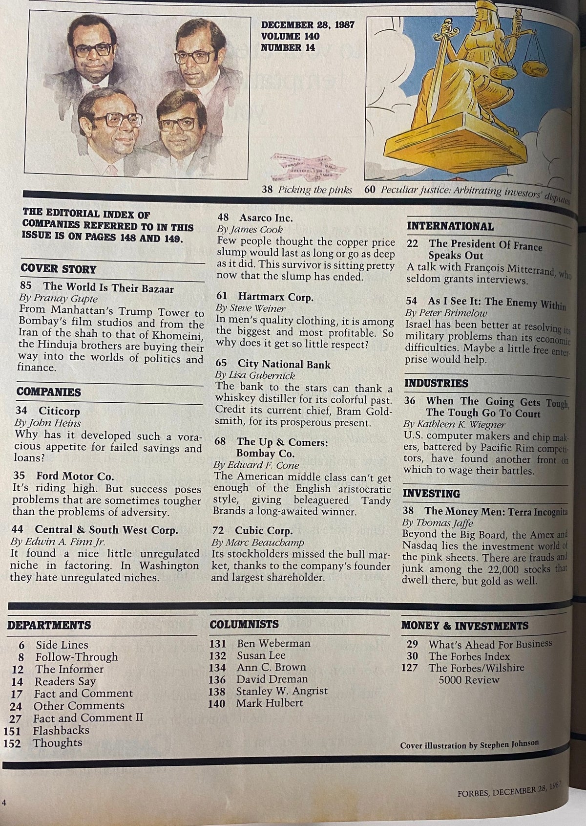 Inside page of Forbes Magazine December 28, 1987, listing the editorial index and cover story 'The World Is Their Bazaar' about the Hinduja Brothers' business ventures.