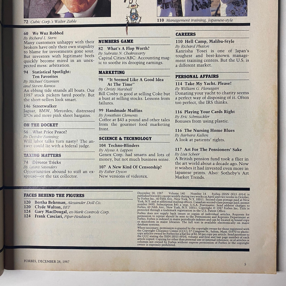 Page from Forbes Magazine December 28, 1987, featuring sections on companies and various articles, with mention of the cover story on the Hinduja Brothers.