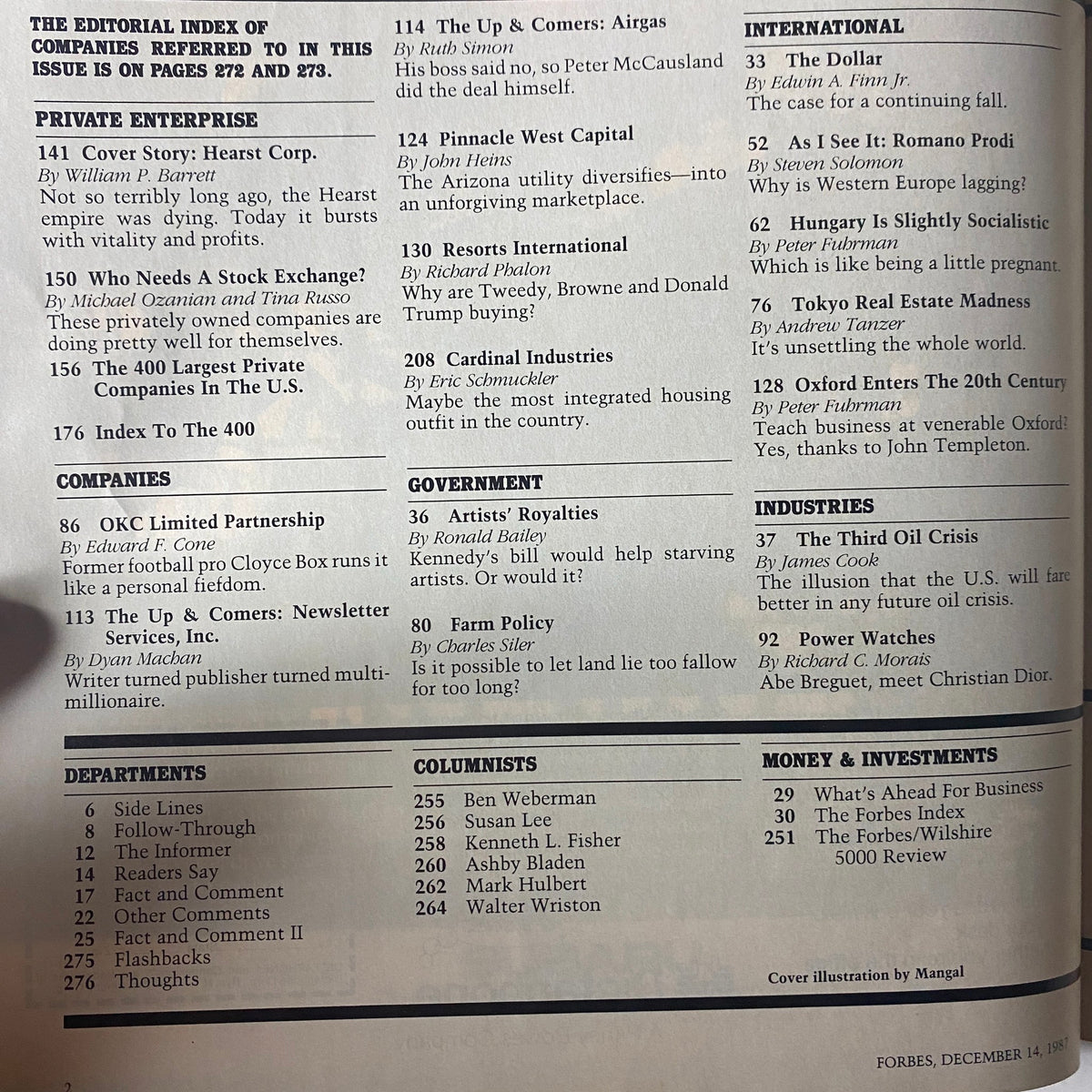 Index page of Forbes Magazine December 14, 1987, featuring article titles and an editorial index, showcasing the highlights of this vintage issue.