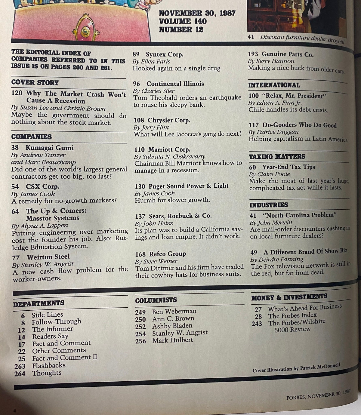 Editorial index of companies featured in Forbes Magazine November 30, 1987, including articles on the market crash and major corporations.