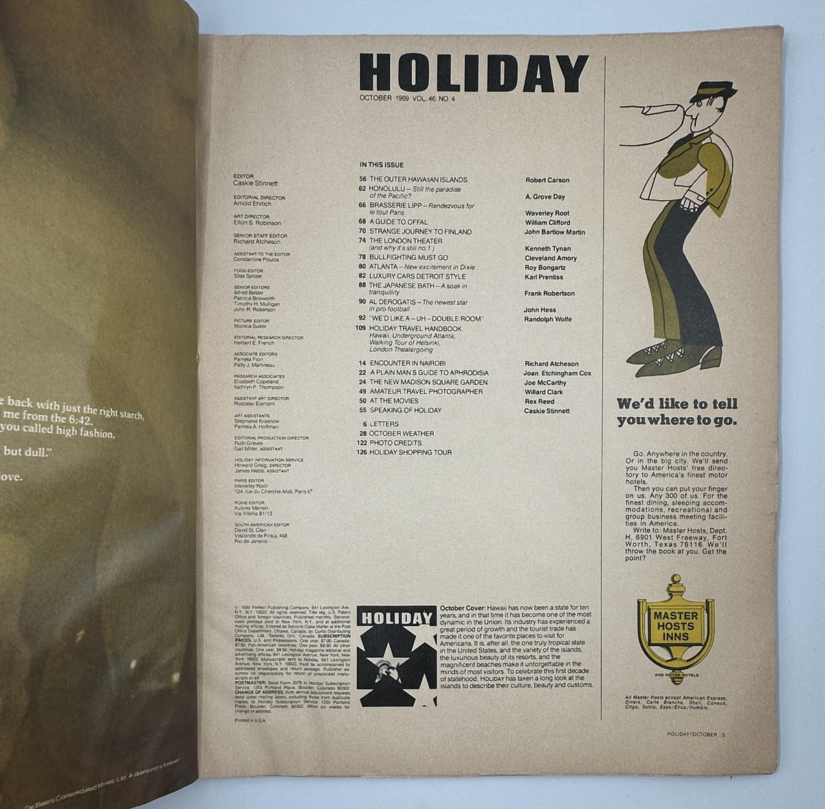Inside page of Holiday Magazine October 1969 displaying the table of contents, highlighting articles related to Hawaii, Finland, and the London Theater.