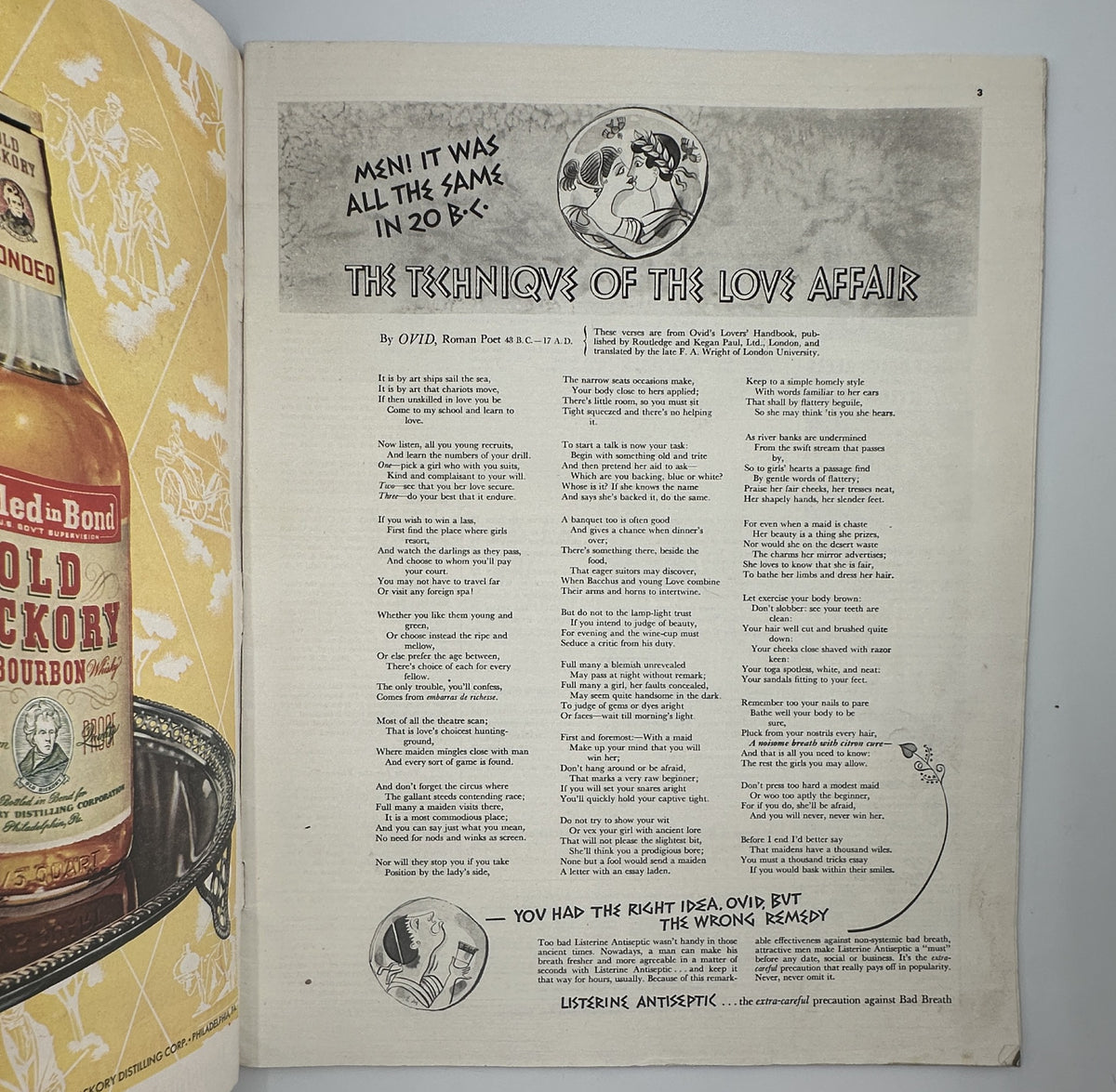 Interior page from Collier's Magazine January 6, 1951, detailing an article titled 'The Techniques of the Love Affair', accompanied by a vintage advertising image, highlighting mid-century publication design.