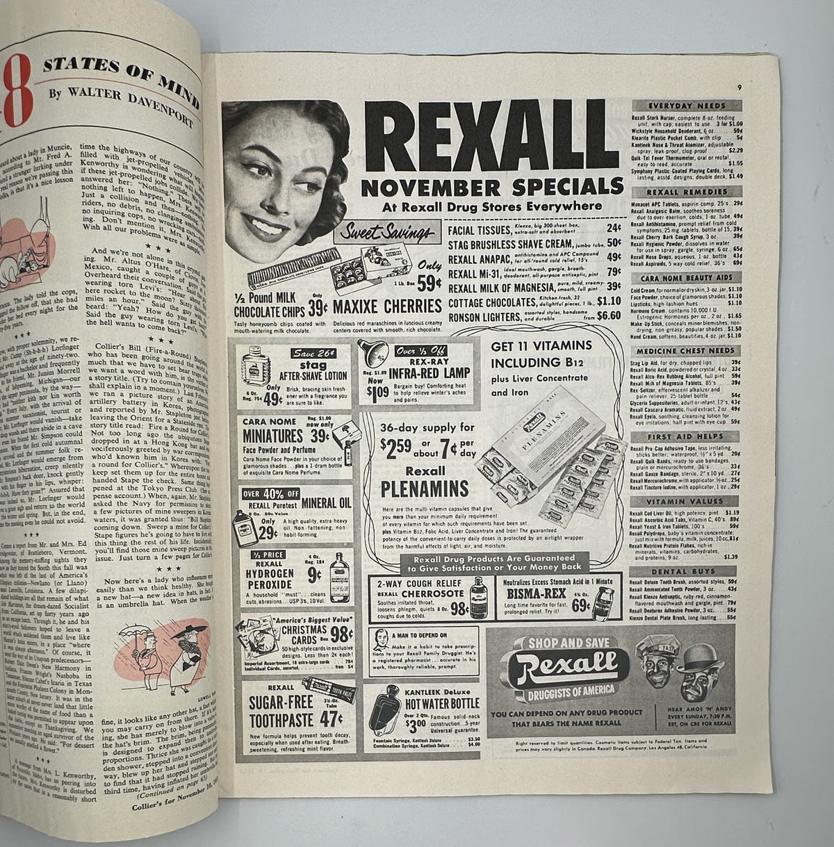 Interior page of Collier’s Magazine November 10, 1951, featuring Rexall drug store advertisements, showcasing various products and November specials.