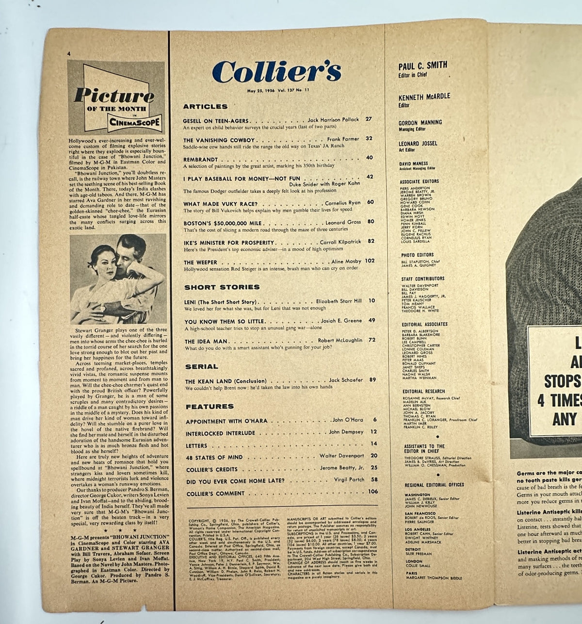 Inside page of Collier’s Magazine May 25, 1956 showing the Table of Contents including articles like Gesell on Teen-Agers, The Vanishing Cowboy, and I Play Baseball for Money—Not Fun.
