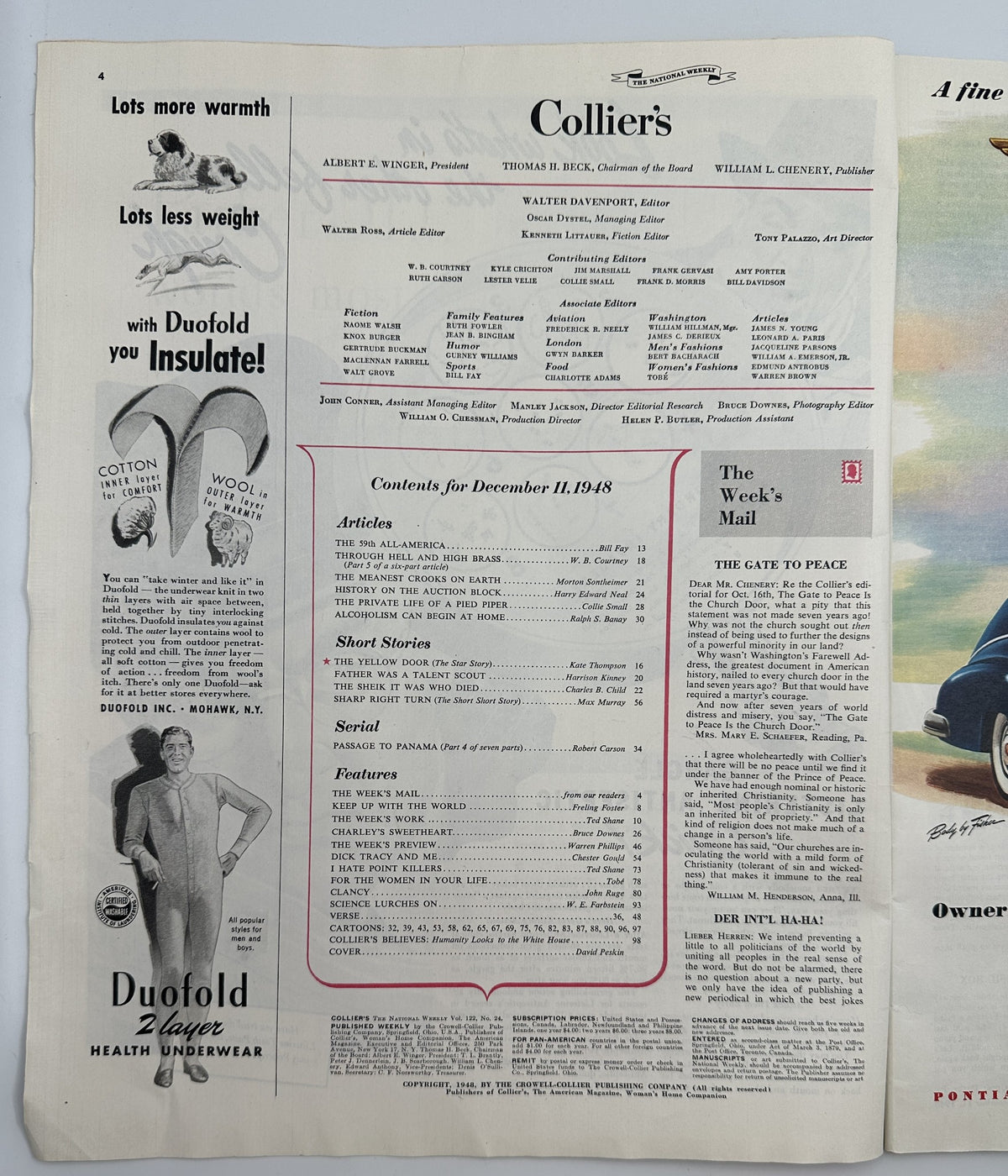Table of contents page from Collier’s Magazine, December 11, 1948, detailing articles and short stories featured in the issue, including 'The Meanest Crooks on Earth'.