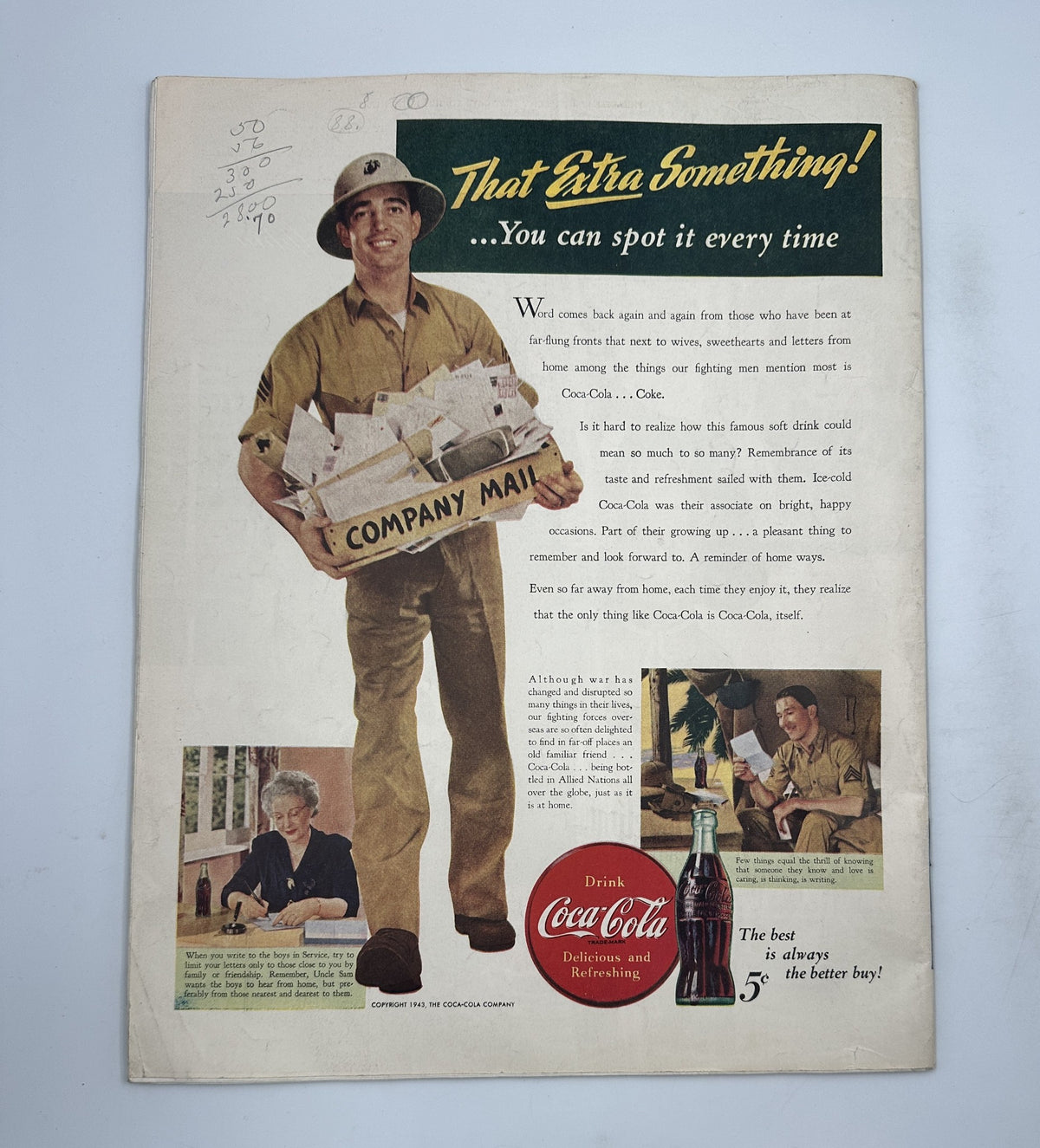 Vintage Coca-Cola advertisement showing a soldier carrying a box of letters, with a slogan 'That Extra Something! ...You can spot it every time'. The image features nostalgic elements, aligning with Collier’s Magazine July 31, 1943.