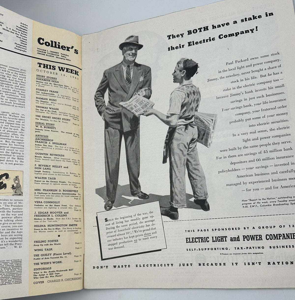 Interior page of Collier’s Magazine from October 16, 1943, showcasing an advertisement discussing electric companies, featuring a character in a suit and a young boy.