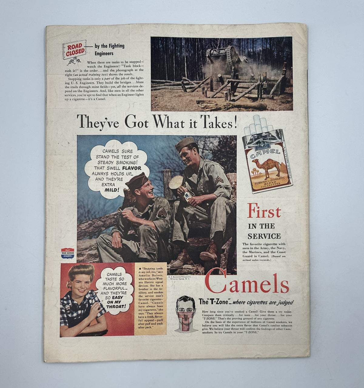 Back cover of Collier’s Magazine October 16, 1943, featuring an advertisement for Camel cigarettes highlighting its slogan 'They’ve Got What It Takes!' with soldiers enjoying the outdoors.