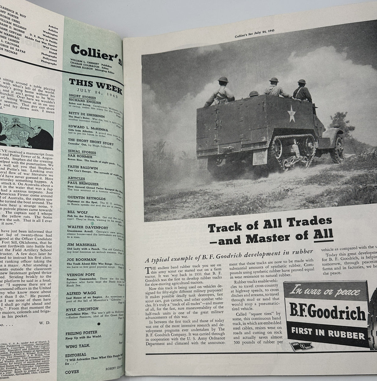 Inside spread of Collier’s Magazine July 24, 1943 showing an article titled 'Track of All Trades – and Master of All' with a historical photograph of a U.S. Army vehicle.