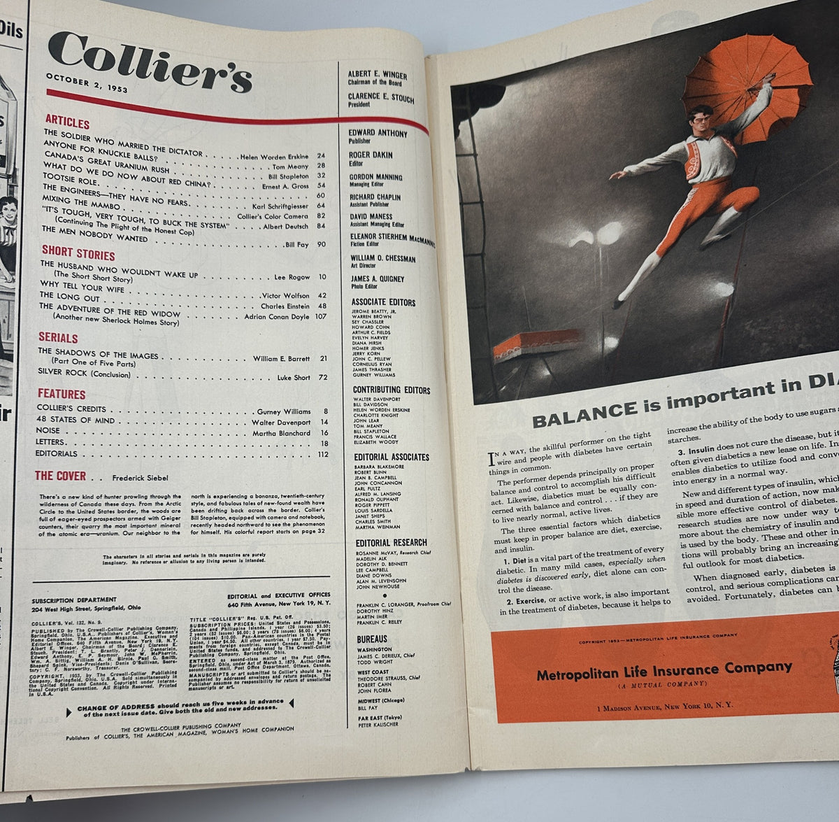 Interior page of Collier's Magazine from October 2, 1953, displaying the Table of Contents and articles including 'The Soldier Who Married the Dictator' and 'The Shadows Of The Images'.