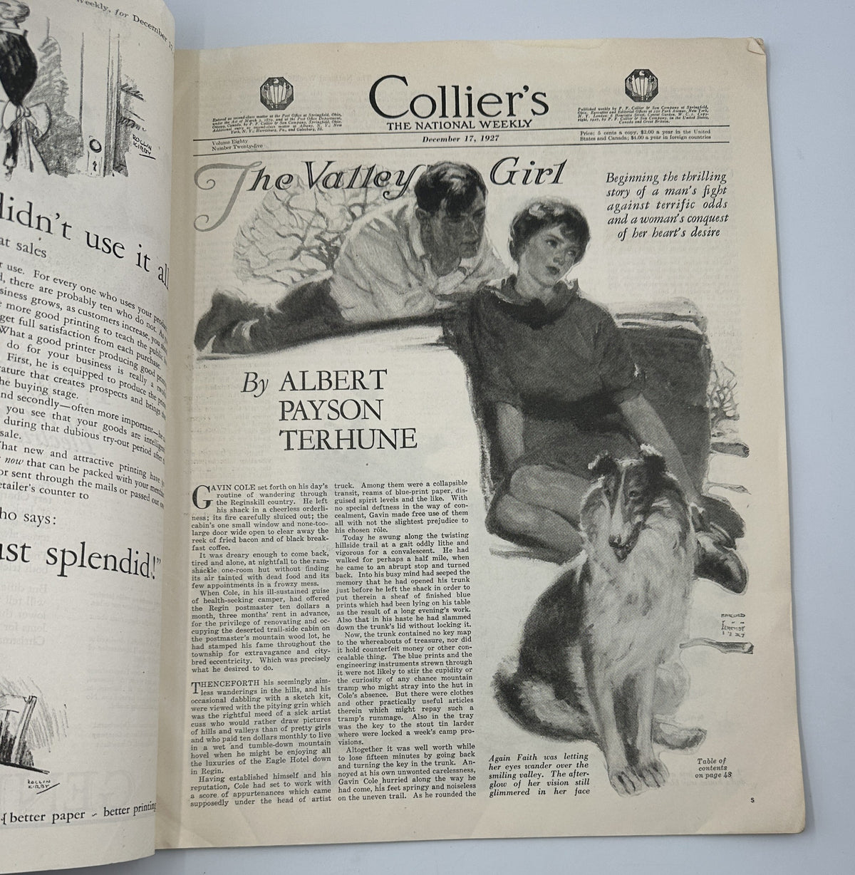 Page from Collier’s Magazine December 17, 1927 featuring Albert Payson Terhune's novel The Valley Girl, showcasing a classic illustration and text layout.