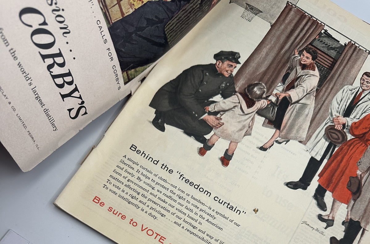 Inside page of Collier’s Magazine showing an illustration related to voting with a family, emphasizing the theme 'Be sure to VOTE' alongside vivid imagery from the publication.