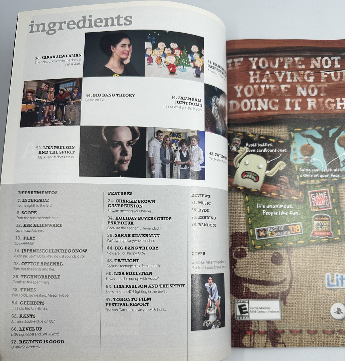 Inside page of Geek Magazine December 2008 listing contents including Sarah Silverman, The Big Bang Theory, and more. This page showcases the magazine's articles and features.