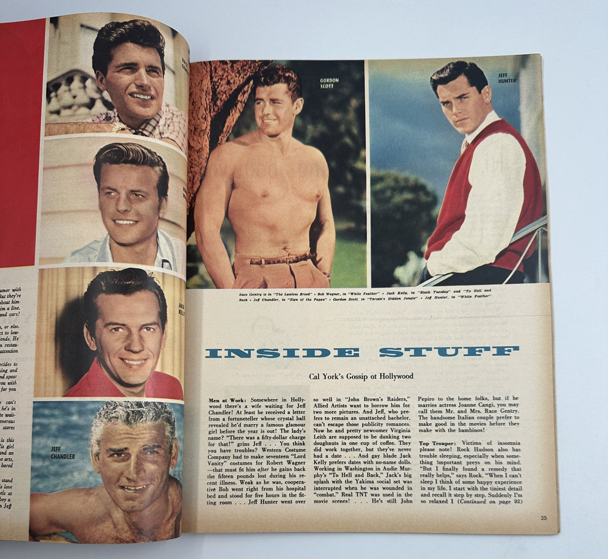Page from Photoplay Magazine March 1955 titled 'Inside Stuff' featuring prominent Hollywood actors including Jeff Chandler and others with lifestyle insights.