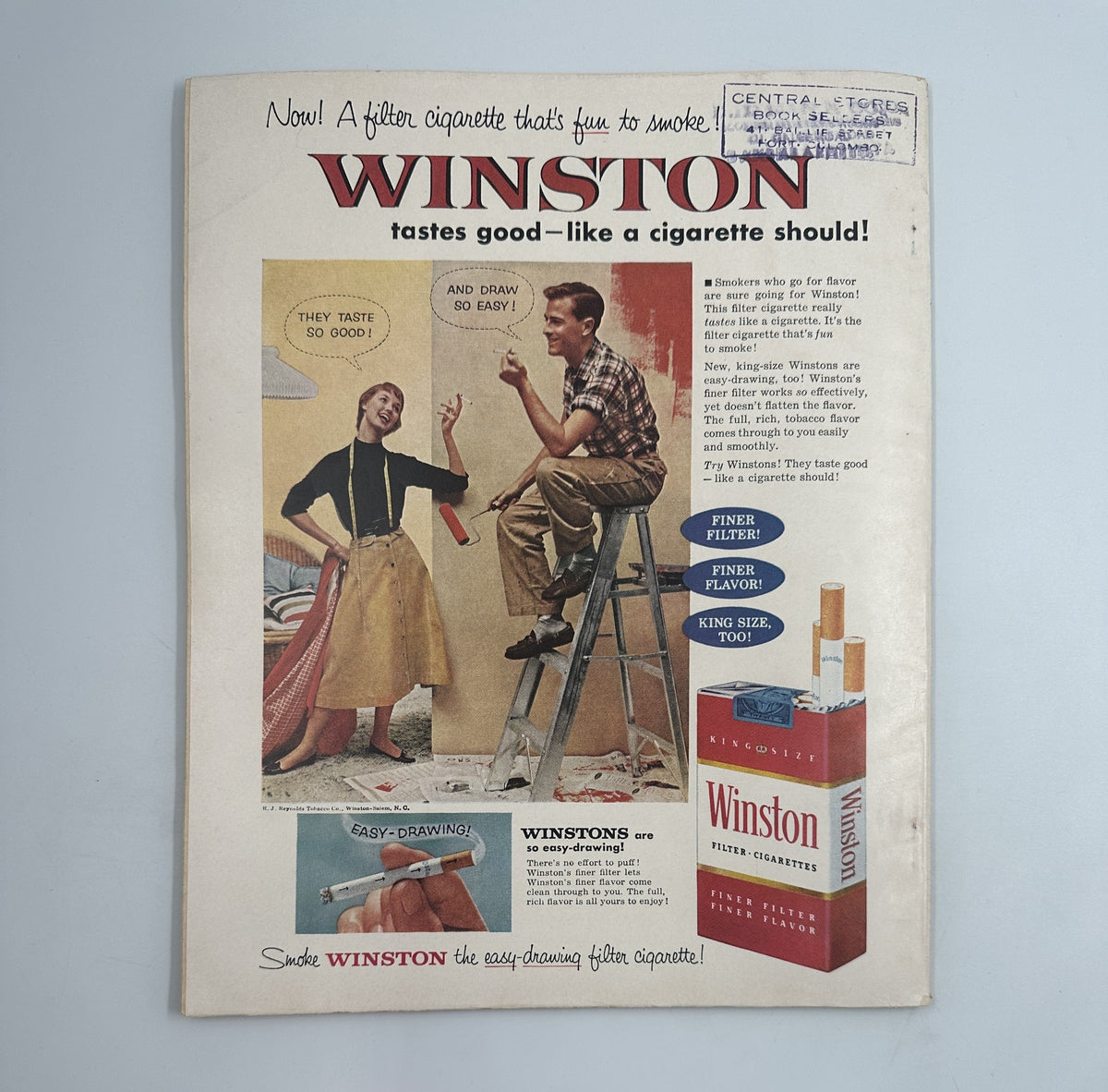 Vintage Winston cigarette advertisement featuring a humorous illustration of a man drawing and a woman admiring his work. This image is from the Photoplay Magazine March 1955 issue, featuring June Allyson, Audrey Hepburn, and Debbie Reynolds on the cover.