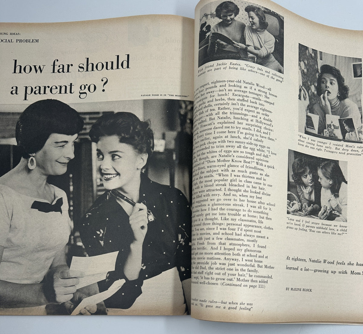 An article titled 'How Far Should a Parent Go?' featuring interactions between mothers and daughters, highlighted in Photoplay Magazine March 1956.