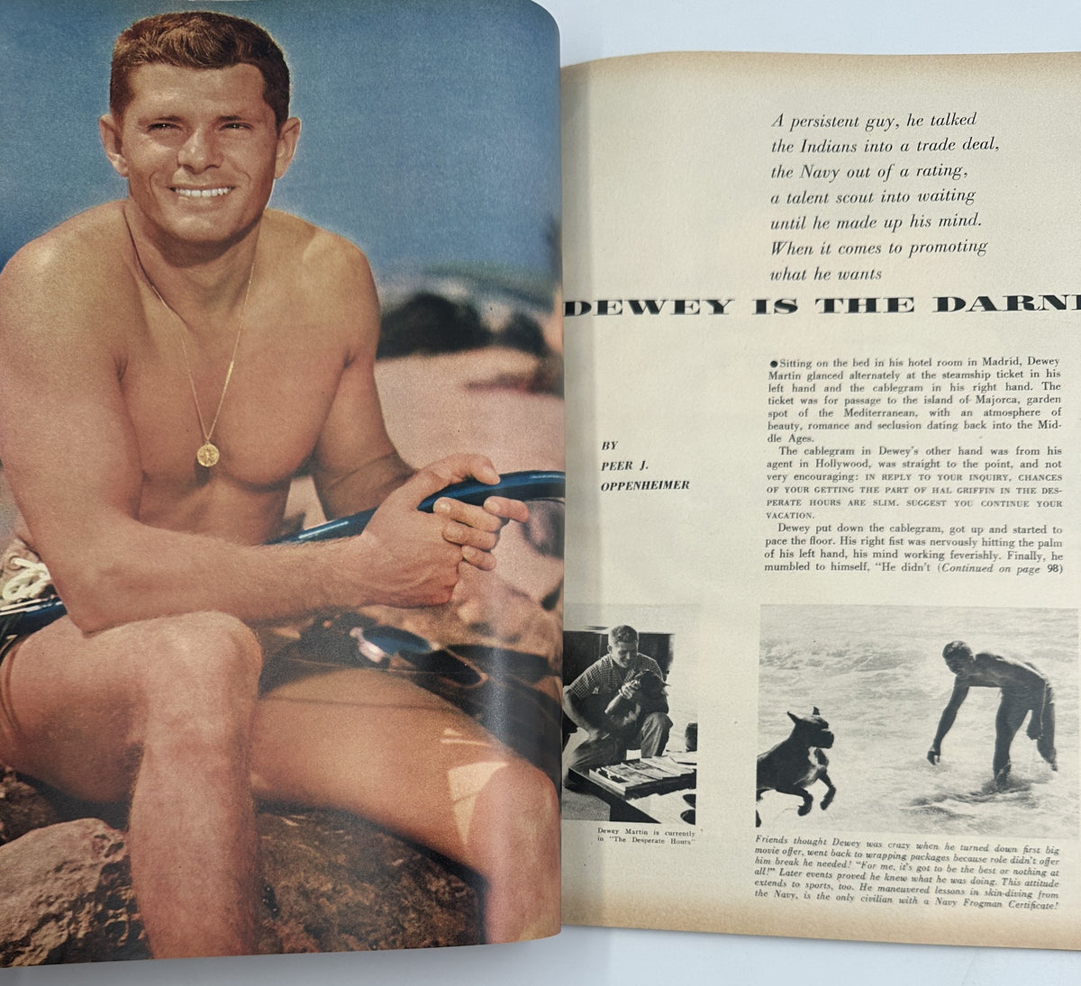 Image of Dewey Martin as showcased in Photoplay Magazine March 1956, embracing his talent and persona during a beach scene.