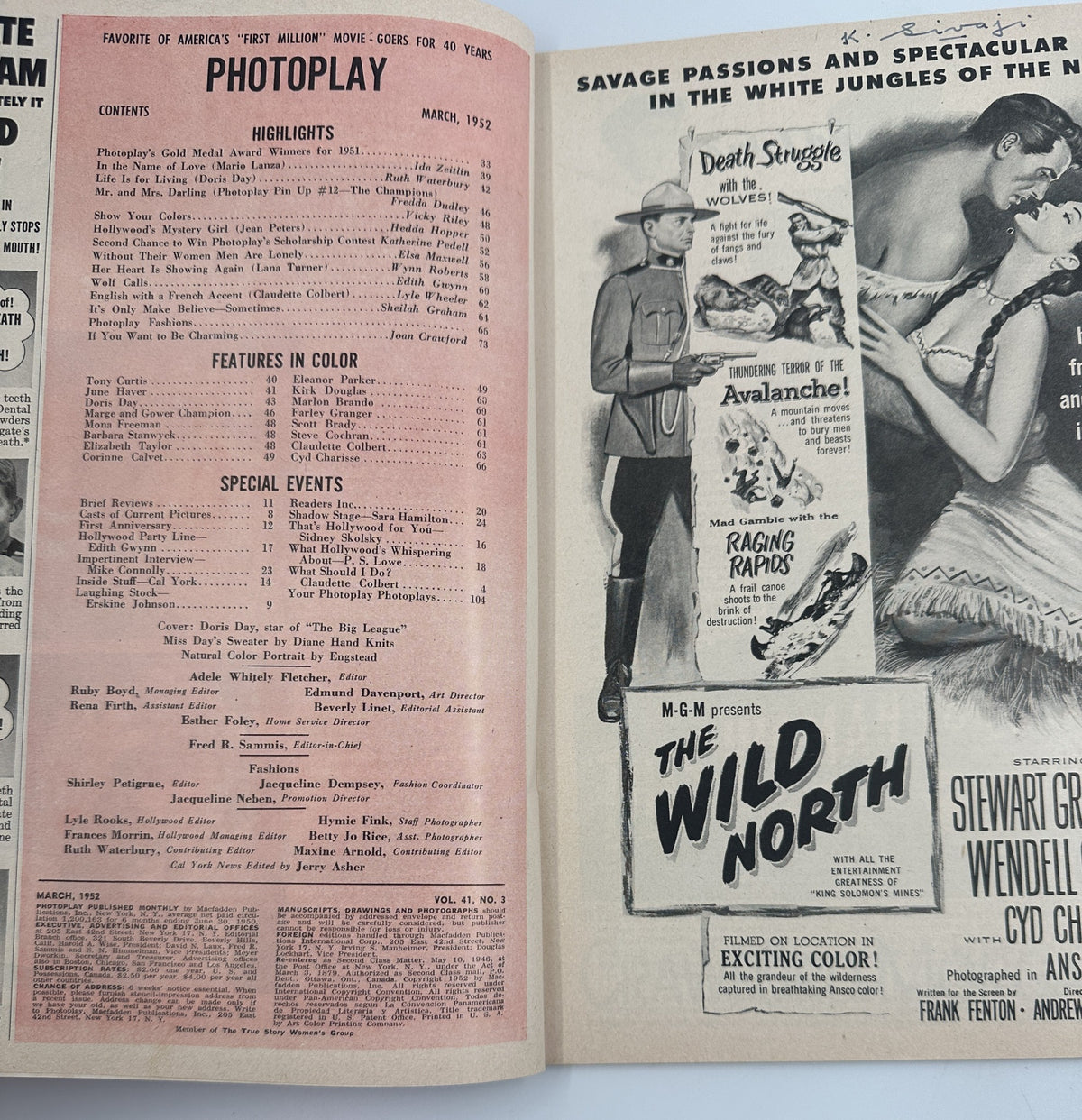 Inside page of Photoplay Magazine March 1952 showcasing the table of contents, featuring highlights and special events in the magazine.