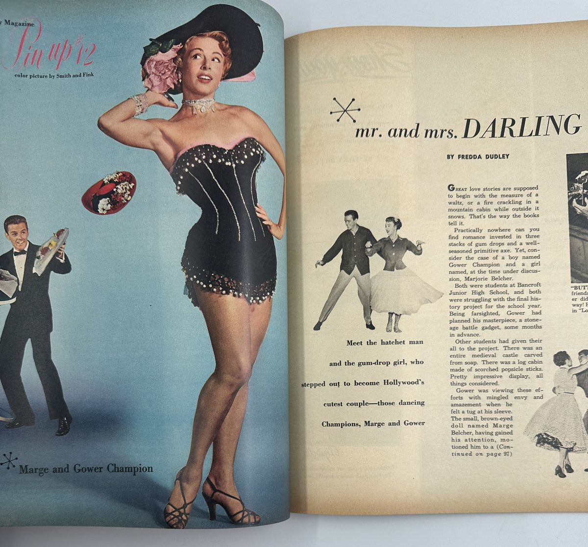 An article spread from Photoplay Magazine March 1952, presenting the piece about Marge and Gower Champion in a glamorous dance pose.