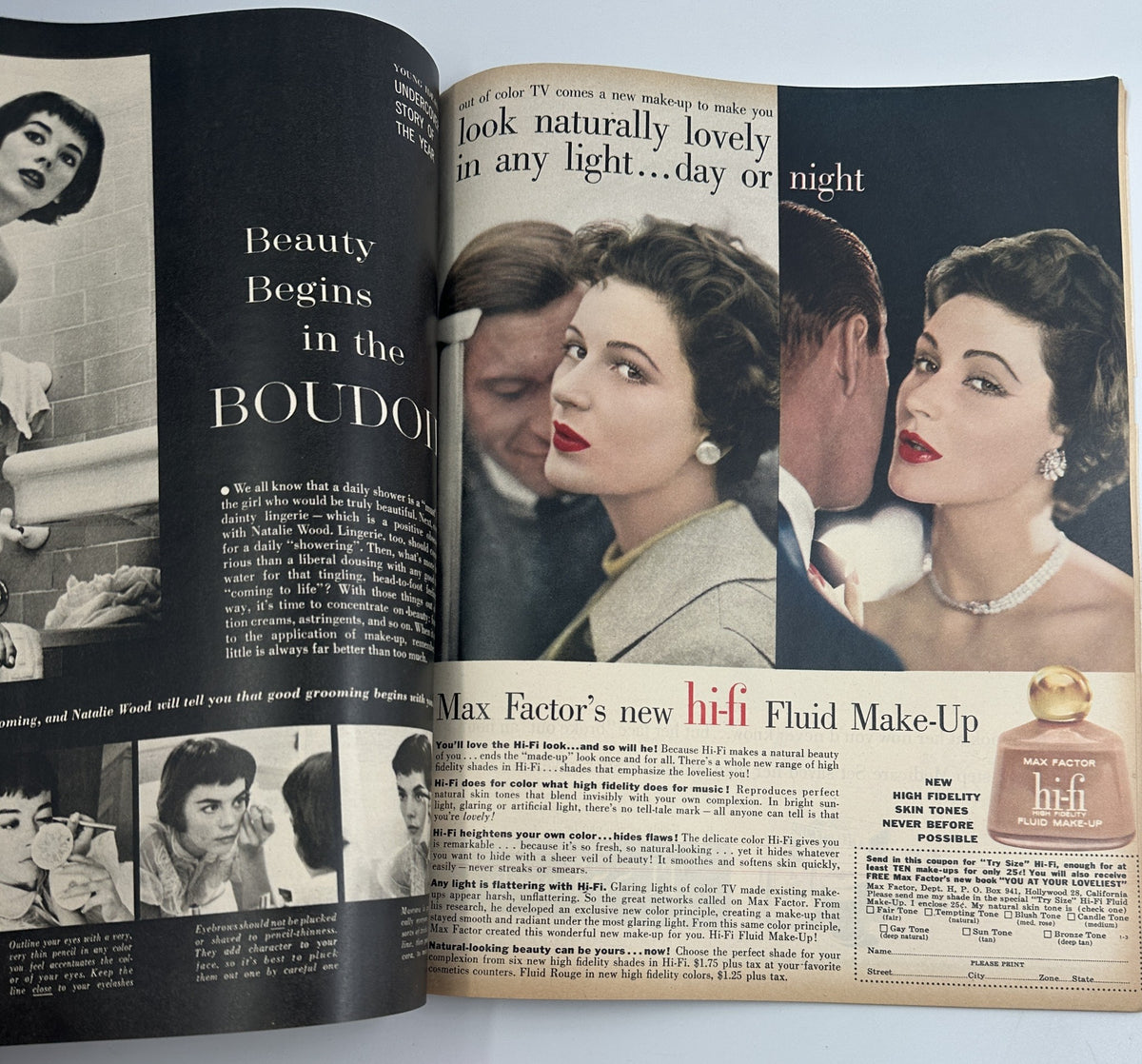 Photoplay Magazine March 1957 spread showcasing an advertisement for Max Factor's hifi Fluid Make-Up, highlighting beauty tips and cosmetics for looking lovely in any light.