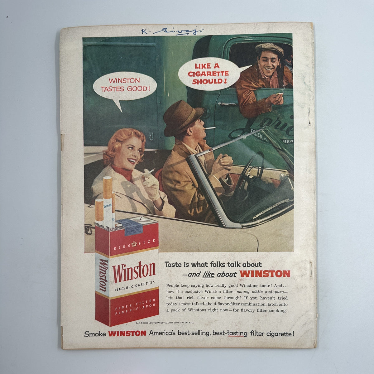 Photoplay Magazine March 1957 showcasing a second view of a Winston cigarette advertisement, reiterating the catchy slogan about taste, appealing to the mid-century audience.