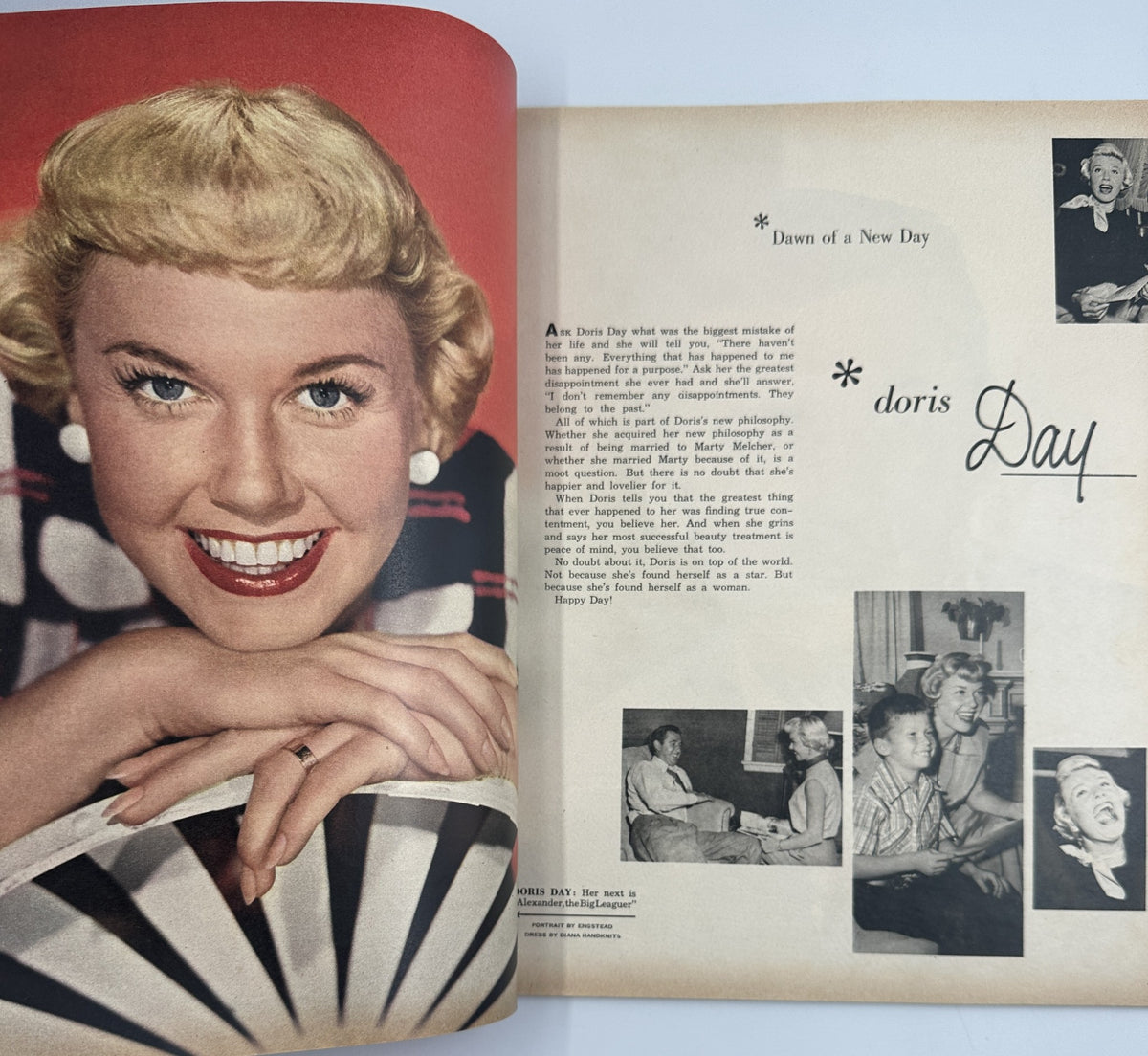 Doris Day featured in the Photoplay Annual Magazine 1952, showcasing her smile and personality with accompanying images and text detailing her career.
