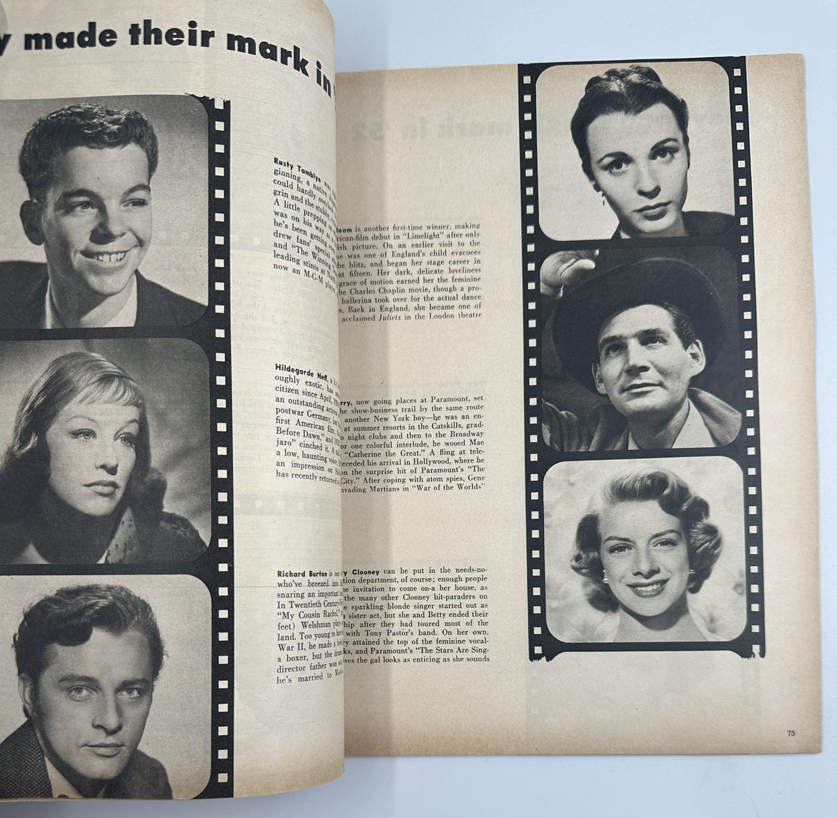 A collage of legendary actors featured in the 1953 Photoplay Annual Magazine, showcasing black and white images of stars who left their mark in the film industry, highlighting their significance and contribution.