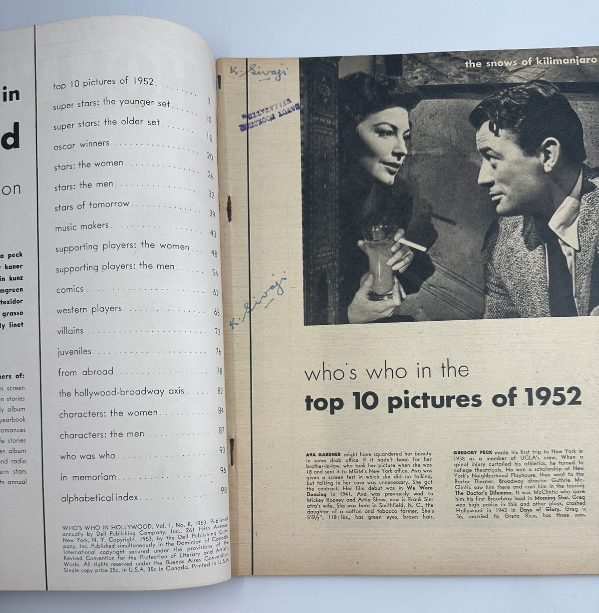 Inside page of 'Who's Who in Hollywood Magazine 1953', featuring the table of contents with various sections including top 10 pictures of 1952 and information about different stars.