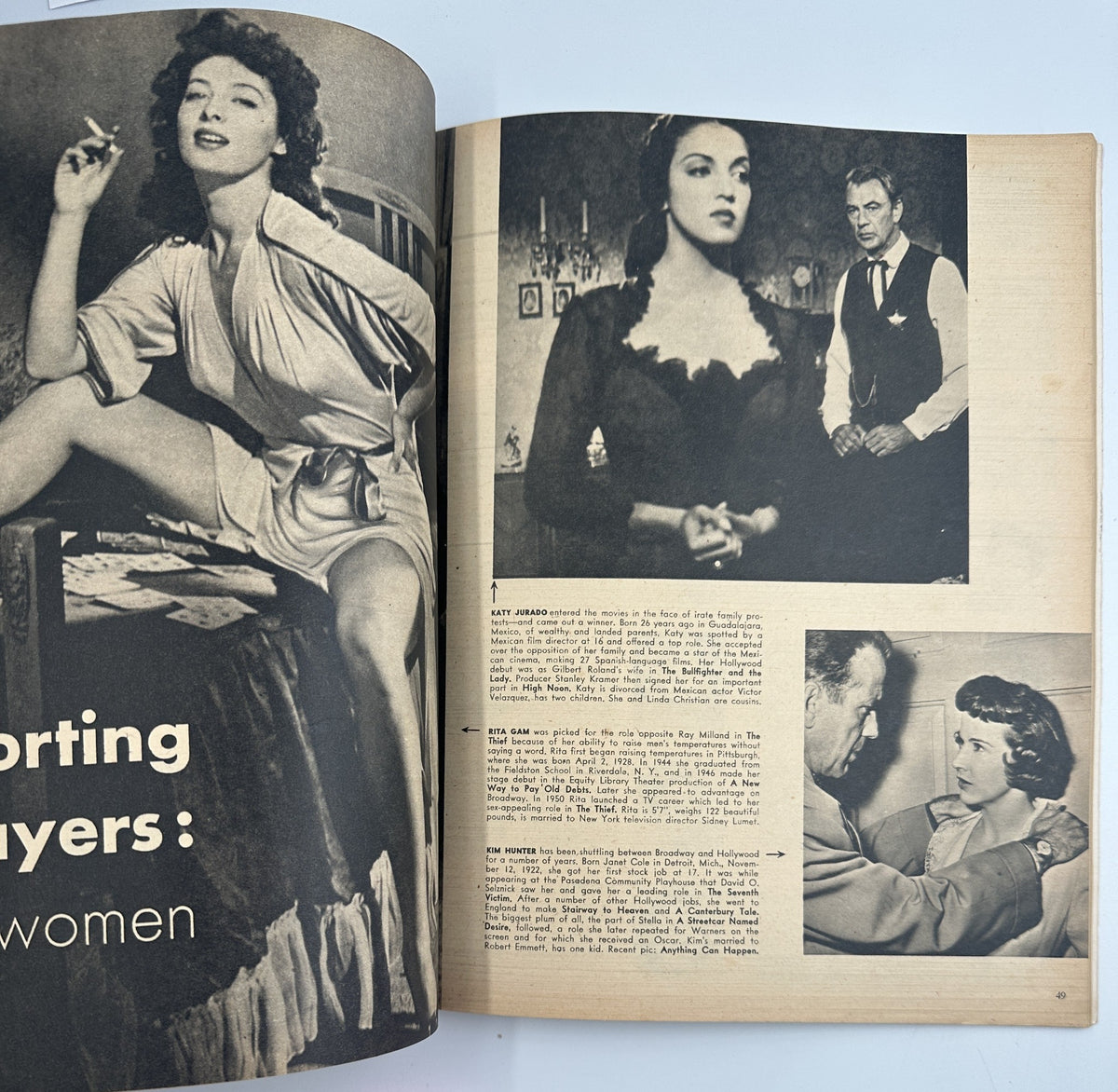 Image of supporting female players from 'Who's Who in Hollywood Magazine 1953', featuring three actresses in dramatic poses, emphasizing their contributions to film.