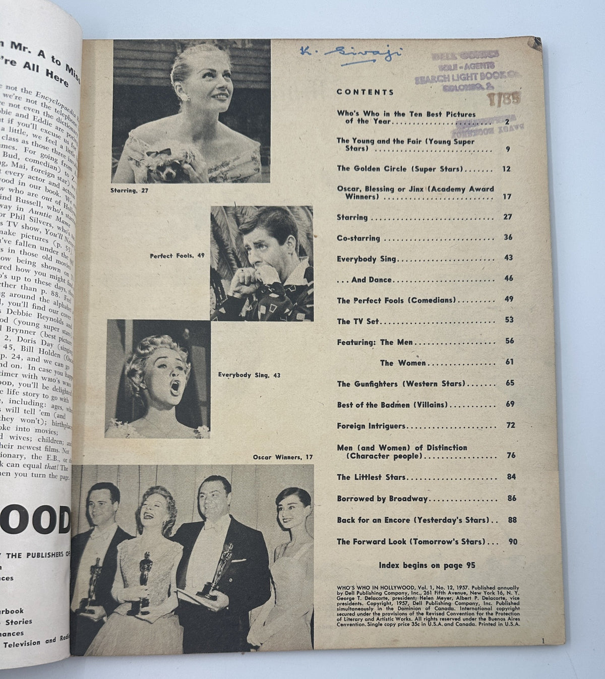 Contents page of 'Who's Who in Hollywood Magazine 1957 Debbie Reynolds Star of the Year' showcasing articles including Starring, Oscar Blessing or Jinx, and Everybody Sing.