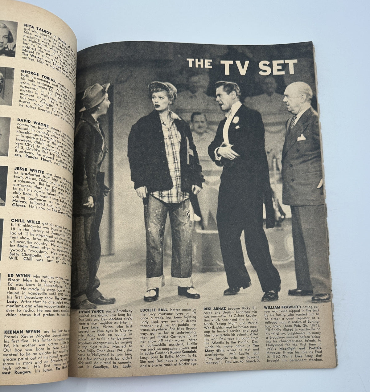 Page from 'Who's Who in Hollywood Magazine 1957 Debbie Reynolds Star of the Year' highlighting Lucille Ball in the section titled The TV Set, depicting a classic television scene.