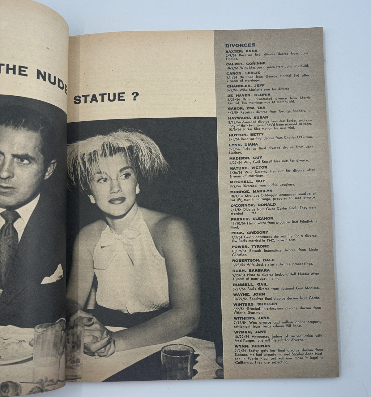 Sheilah Graham's Hollywood Yearbook Magazine 1955 with a feature on various Hollywood stars including a glamorous actress at a dinner setting.