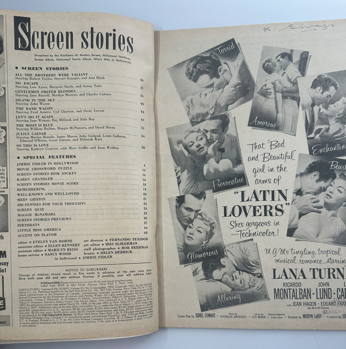 Page from Screen Stories Magazine September 1953 featuring the Table of Contents with film stories including 'All the Brothers Were Valiant' and 'Gentlemen Prefer Blondes' starring Marilyn Monroe and Jane Russell.
