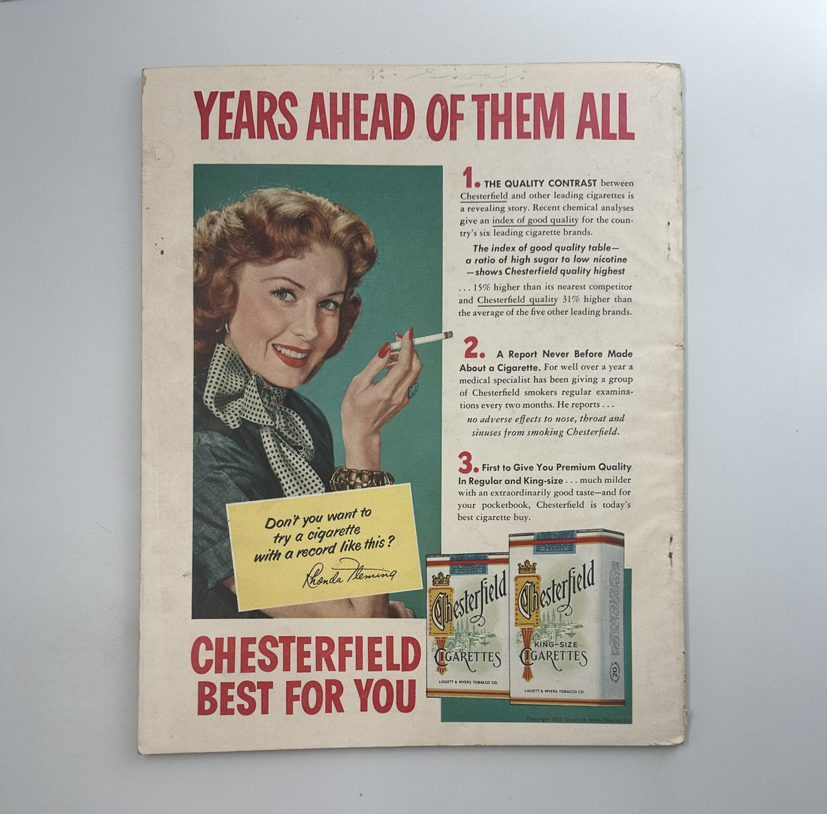 The back cover of Screen Stories Magazine September 1953, advertising Chesterfield Cigarettes. The ad highlights the quality contrast and promotes Chesterfield as the best choice for smokers.