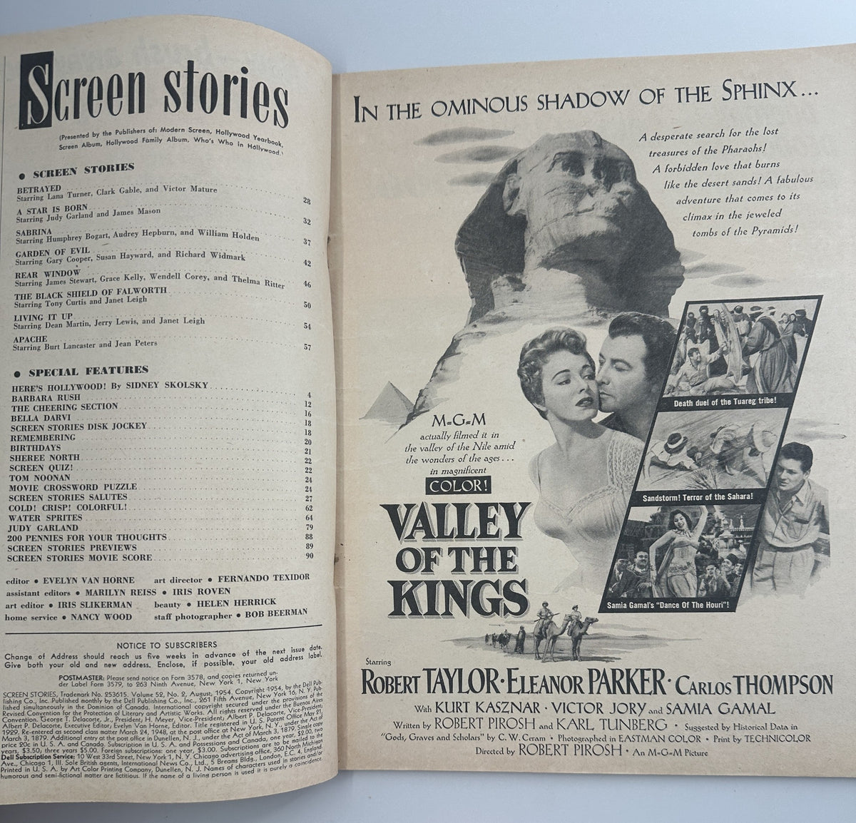 Interior page of Screen Stories Magazine August 1954 displaying the Table of Contents and an advertisement for 'Valley of the Kings'. This page provides insights into featured articles and stars.