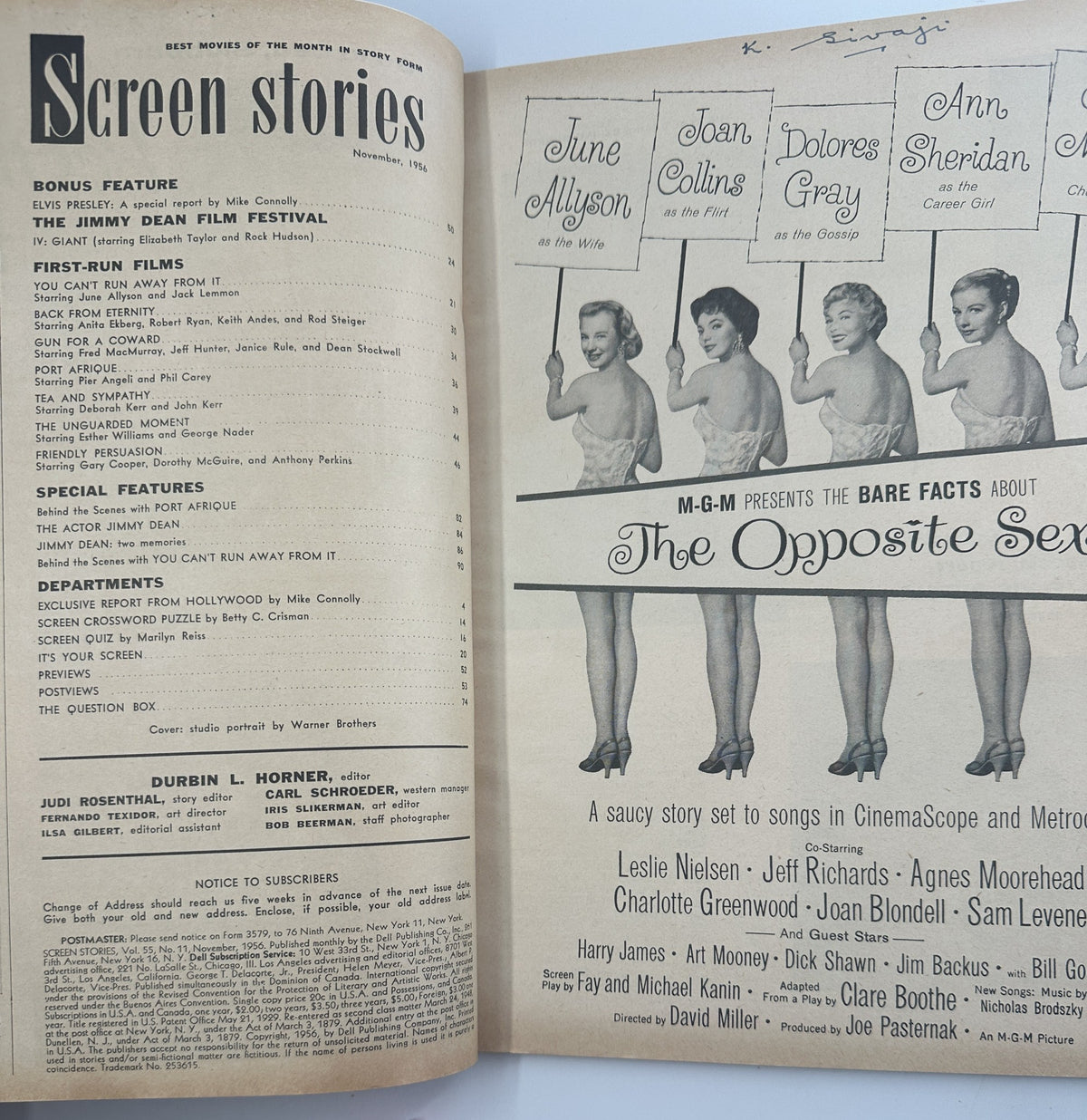 Inside page of Screen Stories Magazine November 1956 showcasing film features including June Allyson and Joan Collins, along with a special report by Mike Connolly.
