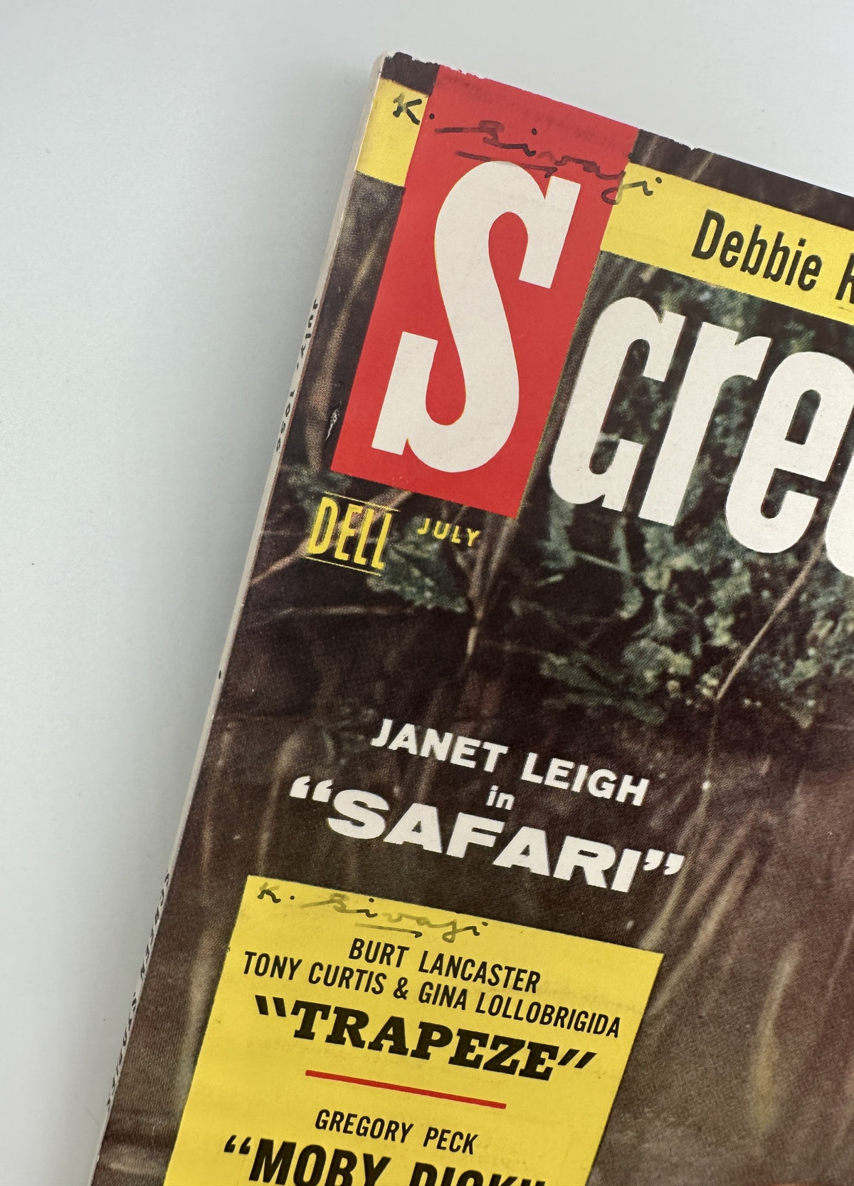 Close-up of the cover of Screen Stories Magazine July 1956 highlighting Janet Leigh in 'Safari', with partial title and details visible.