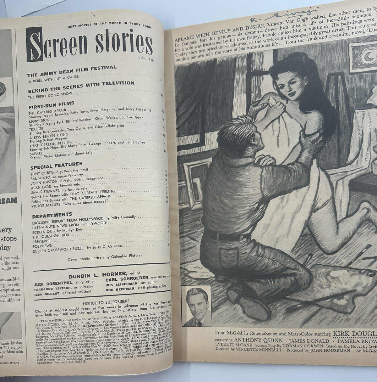 Interior page of Screen Stories Magazine July 1956 showing details about the Jimmy Dean Film Festival and sections on first-run films and special features.