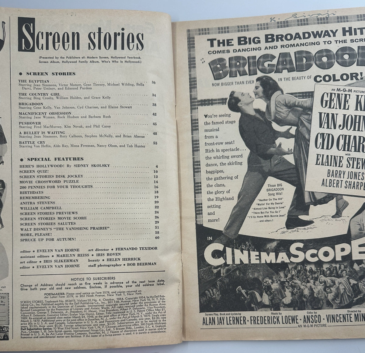 Interior pages of Screen Stories Magazine October 1954, including the Table of Contents featuring articles on The Egyptian and other films like The Country Girl, along with special features.