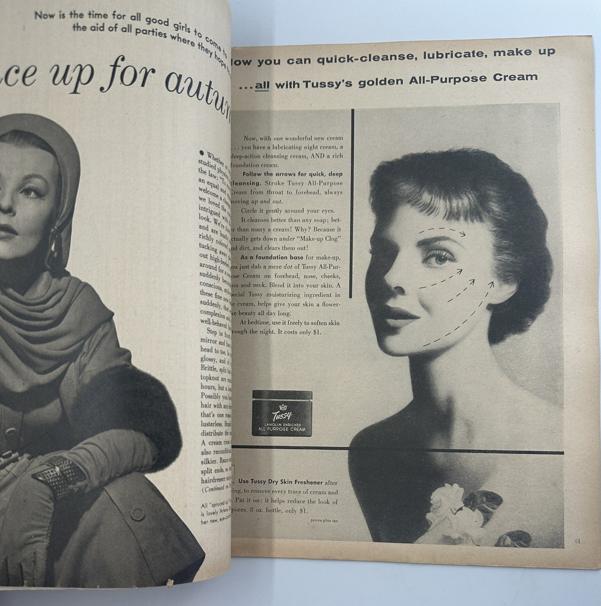 Advertisement page from Screen Stories Magazine October 1954 highlighting Tussy's All-Purpose Cream with a stylish model showcasing autumn beauty tips.