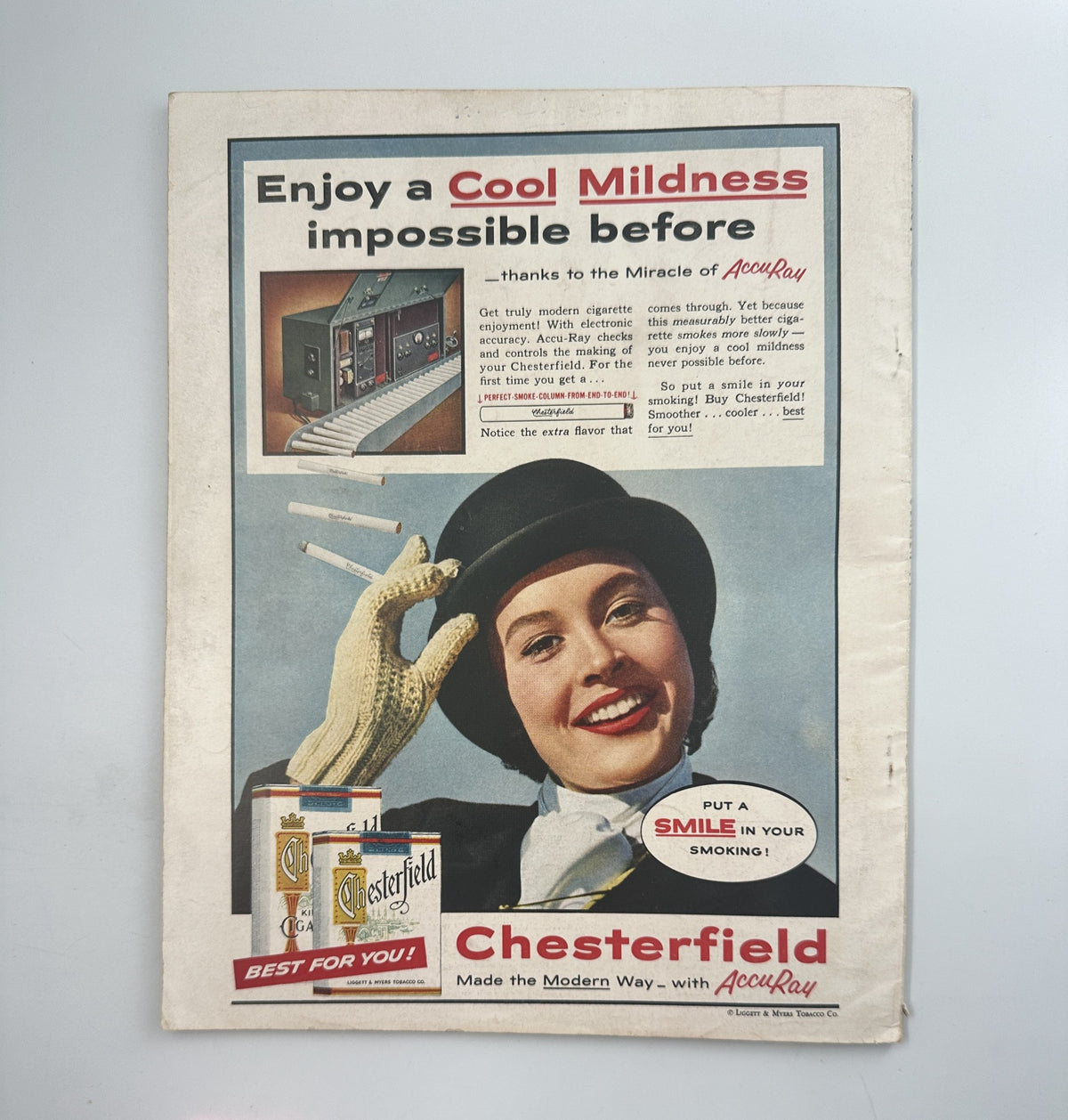 Screen Stories Magazine November 1955 highlighting an advertisement for Chesterfield cigarettes, illustrating classic advertising style of the era.