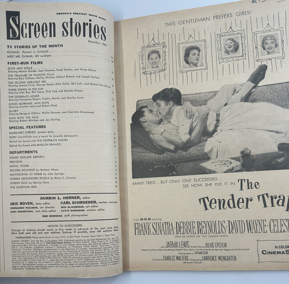 Interior page of Screen Stories Magazine, December 1955, displaying TV Stories and First-Run Films including Guys and Dolls starring Frank Sinatra.