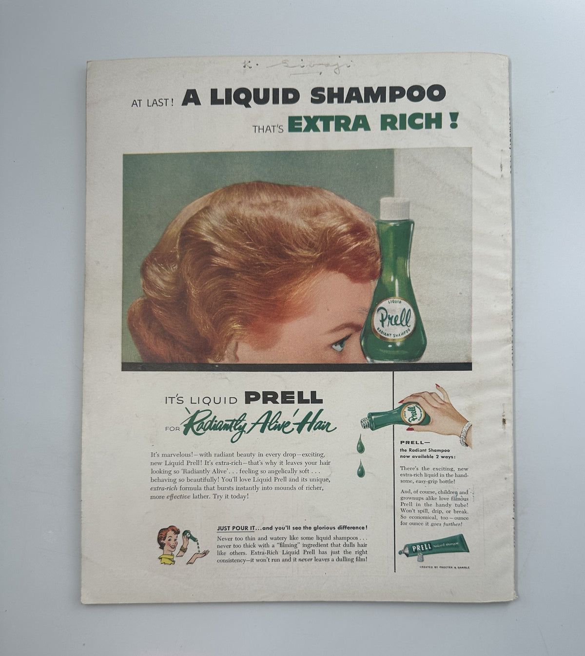Vintage advertisement for Prell Liquid Shampoo featuring a woman with styled hair, emphasizing its extra-rich formula. Featured in Screen Stories Magazine December 1955, highlighting Marlon Brando and Frank Sinatra in 'Guys & Dolls'.