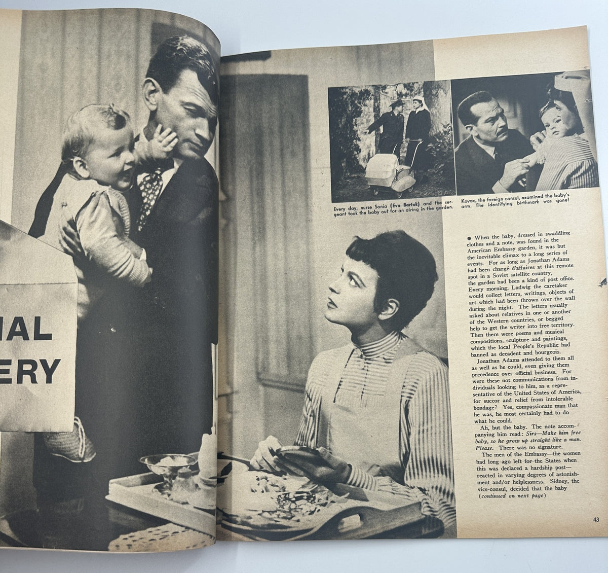 Interior page from Screen Stories Magazine September 1955, illustrating a scene with a man holding a child and a woman at a table, associated with the feature film related to the issue.