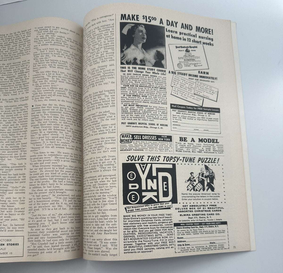 Page from Screen Stories Magazine September 1955 featuring advertisements, including a call for nursing course applications and a model application request.