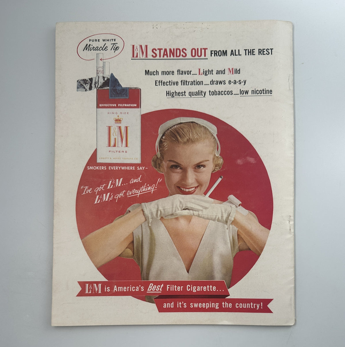 Cover advertisement from Screen Stories Magazine September 1955 for LM Cigarettes, highlighting its pure white filter, flavor, and effective filtration.