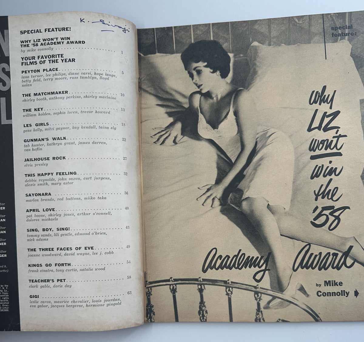 Inside spread of Screen Stories Magazine Annual featuring an article by Mike Connolly titled 'Why Liz Won't Win the '58 Academy Award,' alongside a Table of Contents listing various films.